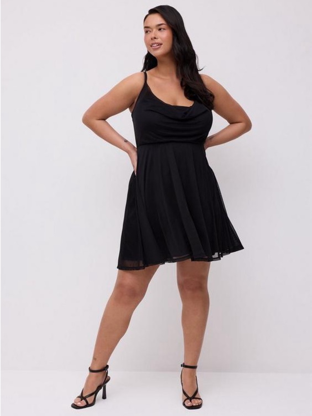 Torrid NWT Deep Black Cowl Neck Criss Cross Back Mesh Knit Mini Dress 0/L/12